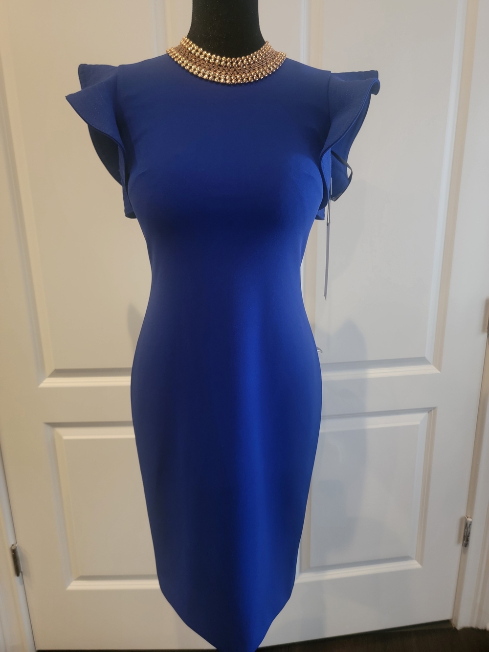 Calvin Klein Royal Blue Midi Sheath Dress with Ruffle Sleeves